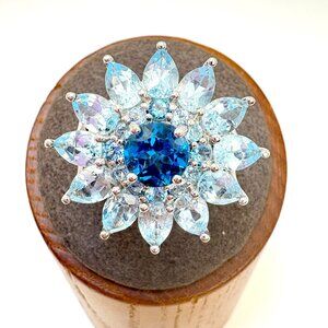 Sterling Silver 925 Pale Blue Cubic Zirconia Sunburst Design Cocktail Ring Sz 9